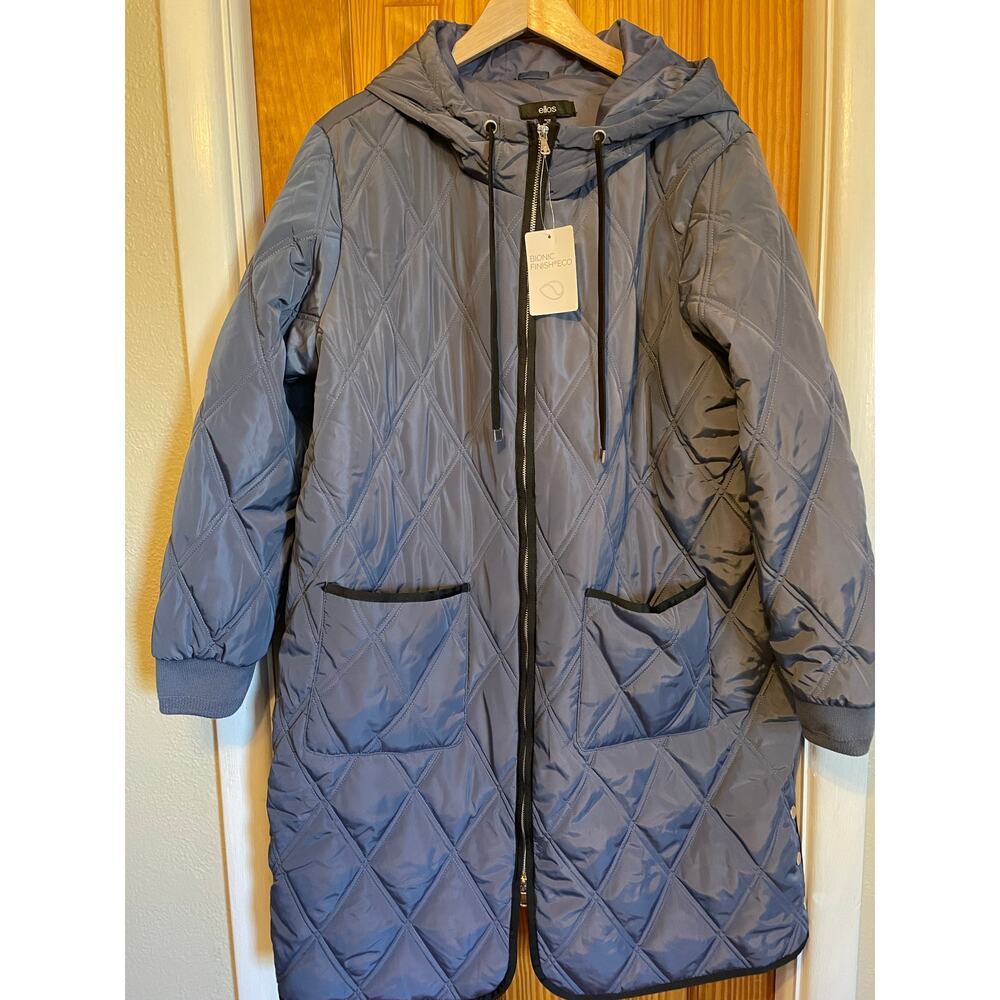 Ellos NWT Women's Size Large Long Quilted Hooded Jacket Blue